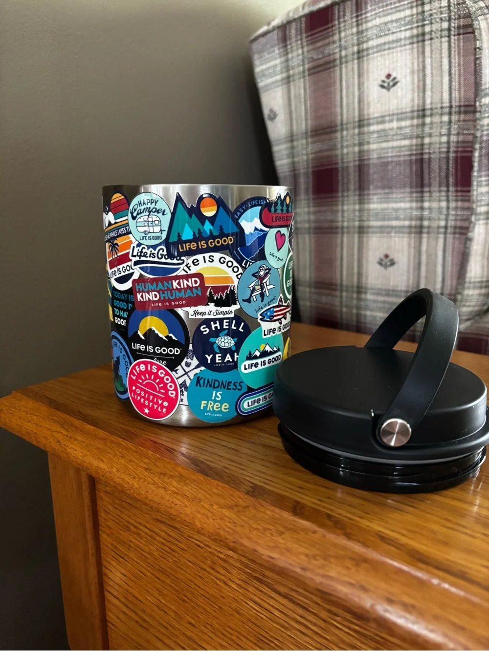 Life Is Good Multicolor Stickered Steel Canister with Black Lid and Handle